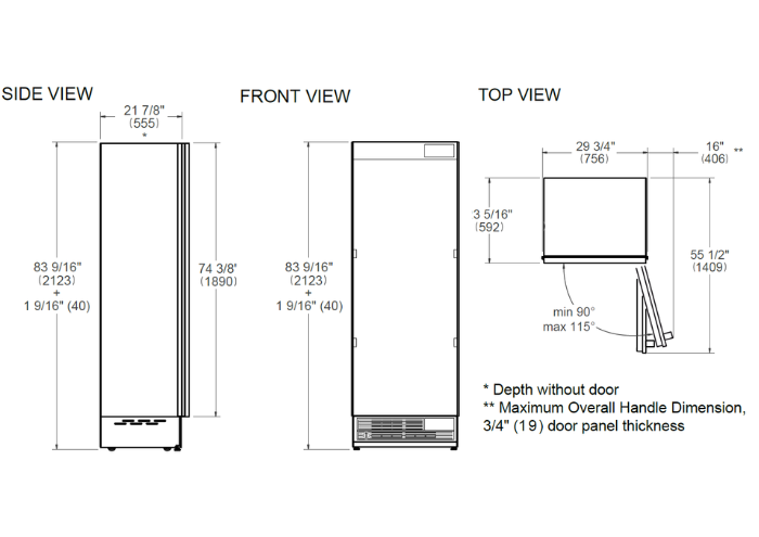 212cm Inbouwkoeler 75cm breed, waterdispenser | Bertazzoni